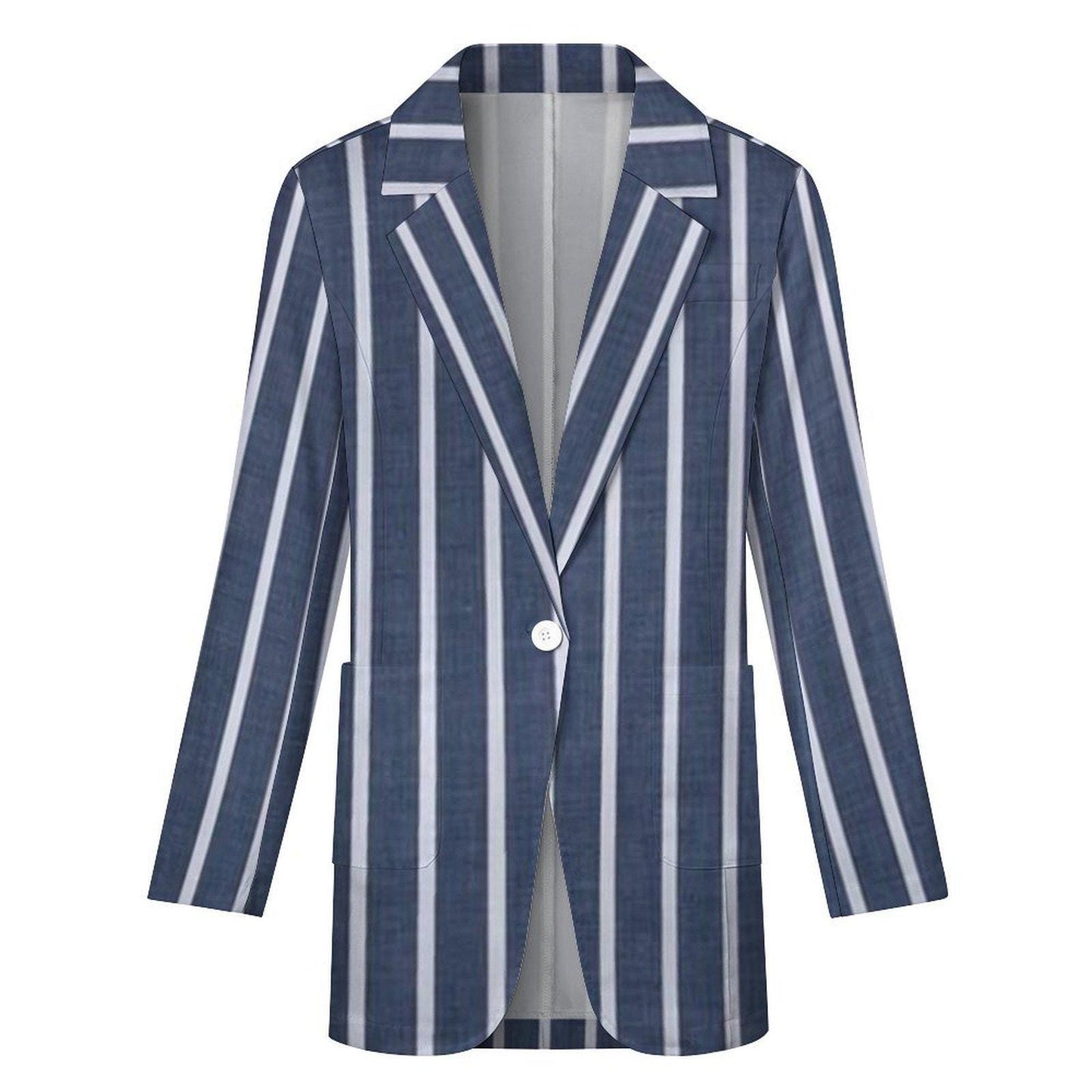 Women's Blue Light Silver White Pinstripe Summer Event Dinner Formal Casual Blazer
