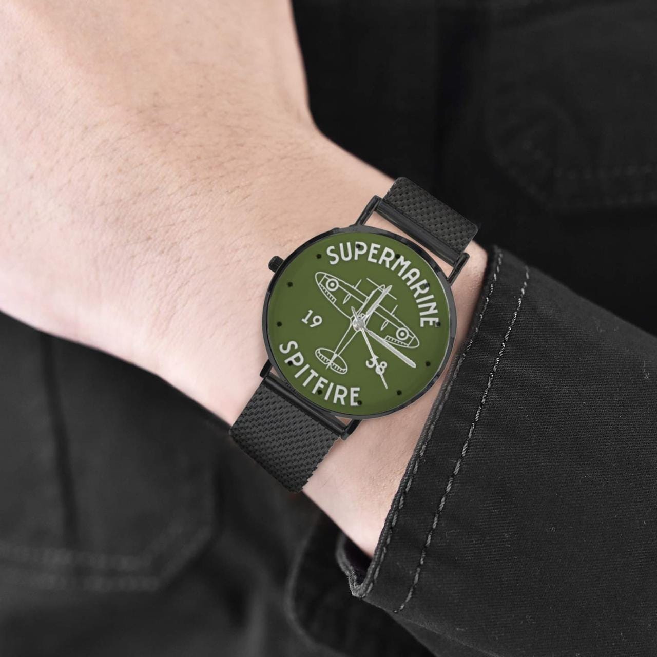 Men's Women's Vickers SuperMarine Green Spitfire Old Fashioned Dial Waterproof Monogram Stainless Steel Dress Aviator Watch Come With Name Or Name And Rank On Dial...