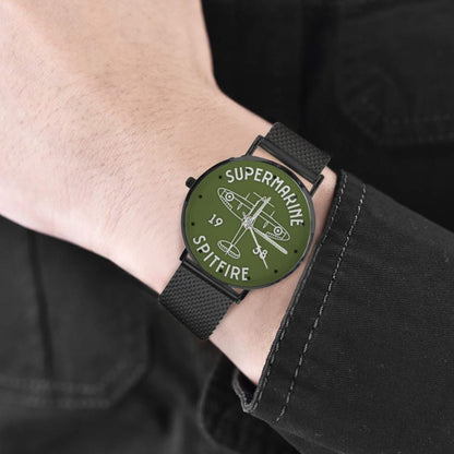 Men's Women's Vickers SuperMarine Green Spitfire Old Fashioned Dial Waterproof Monogram Stainless Steel Dress Aviator Watch Come With Name Or Name And Rank On Dial...