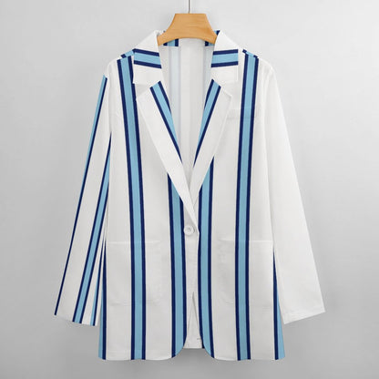 Women's White Blue Multi Colored Pinstripe Print Casual Formal Lightweight Blazer Design All Over Print Women's Blazer