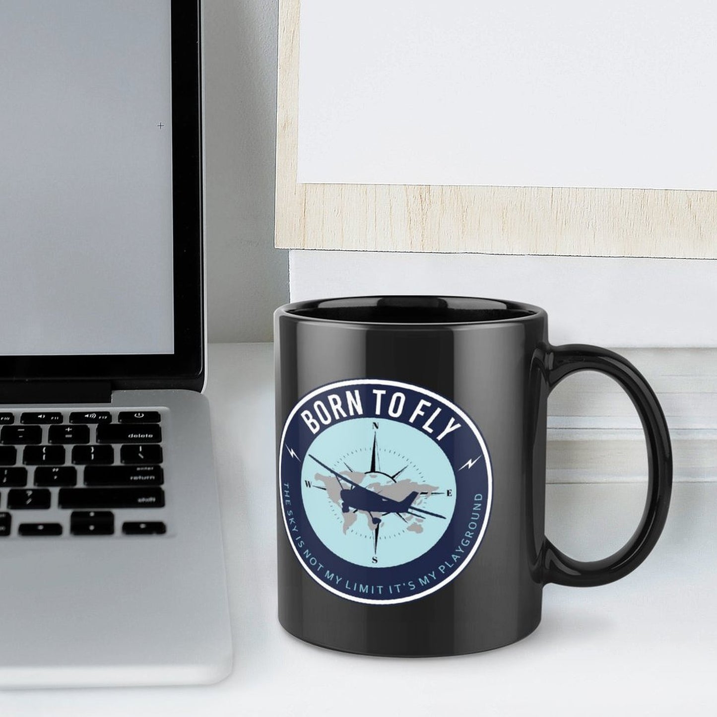 U.S. Naval Aviation BORN TO FLY Emblem On Black Ceramic Coffee Mug (Comes With Your Initials Or Rank And Name Free Of Charge On Mug!)