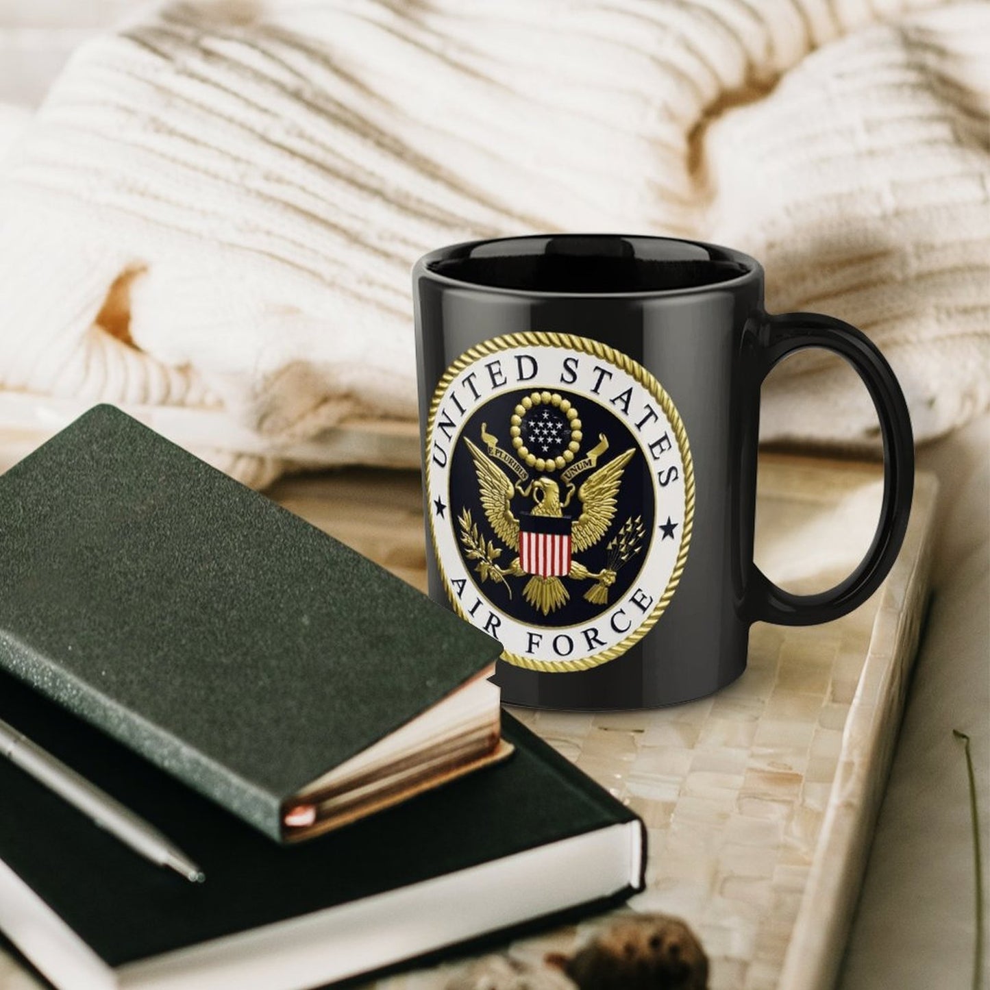 U.S. Air Force Emblem Black Ceramic Coffee Mug (Comes With Your Initials Or Rank And Name On Mug Free Of Charge!