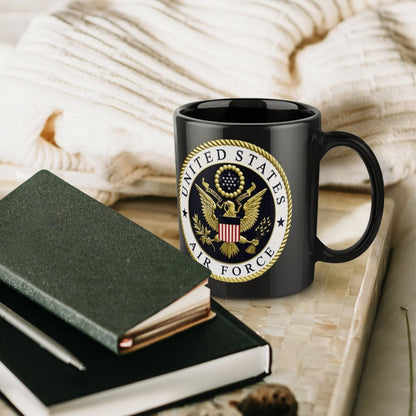 U.S. Air Force Emblem Black Ceramic Coffee Mug (Comes With Your Initials Or Rank And Name On Mug Free Of Charge!