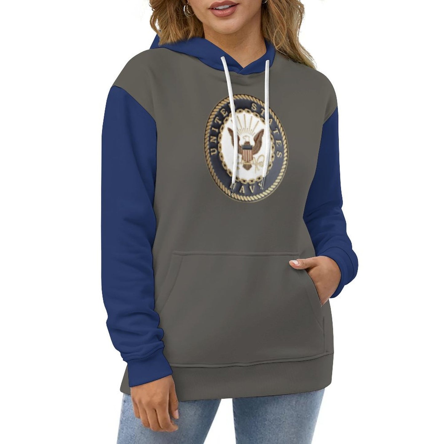 Men's Women's Madison Ave U.S. Navy Emblem Gray Blue Soft Double Layer Loose Fitting Hoodie