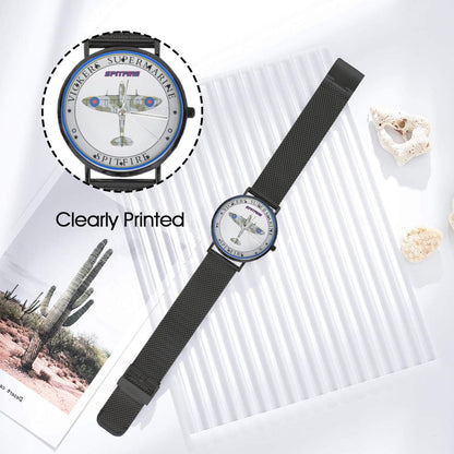 Men's Women's Vickers SuperMarine Spitfire White W Blue Dial Waterproof Monogram Black Stainless Steel Dress Aviator Watch Come With Name Or Name And Rank On Dial...