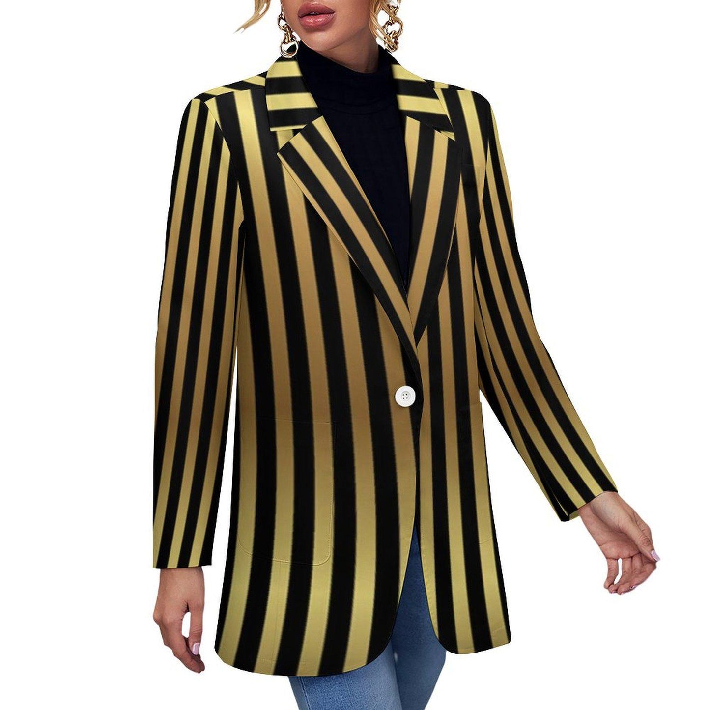 Women's Madison Ave Gold Black Pinstripe Sophisticated Formal Summer Blazer Jacket