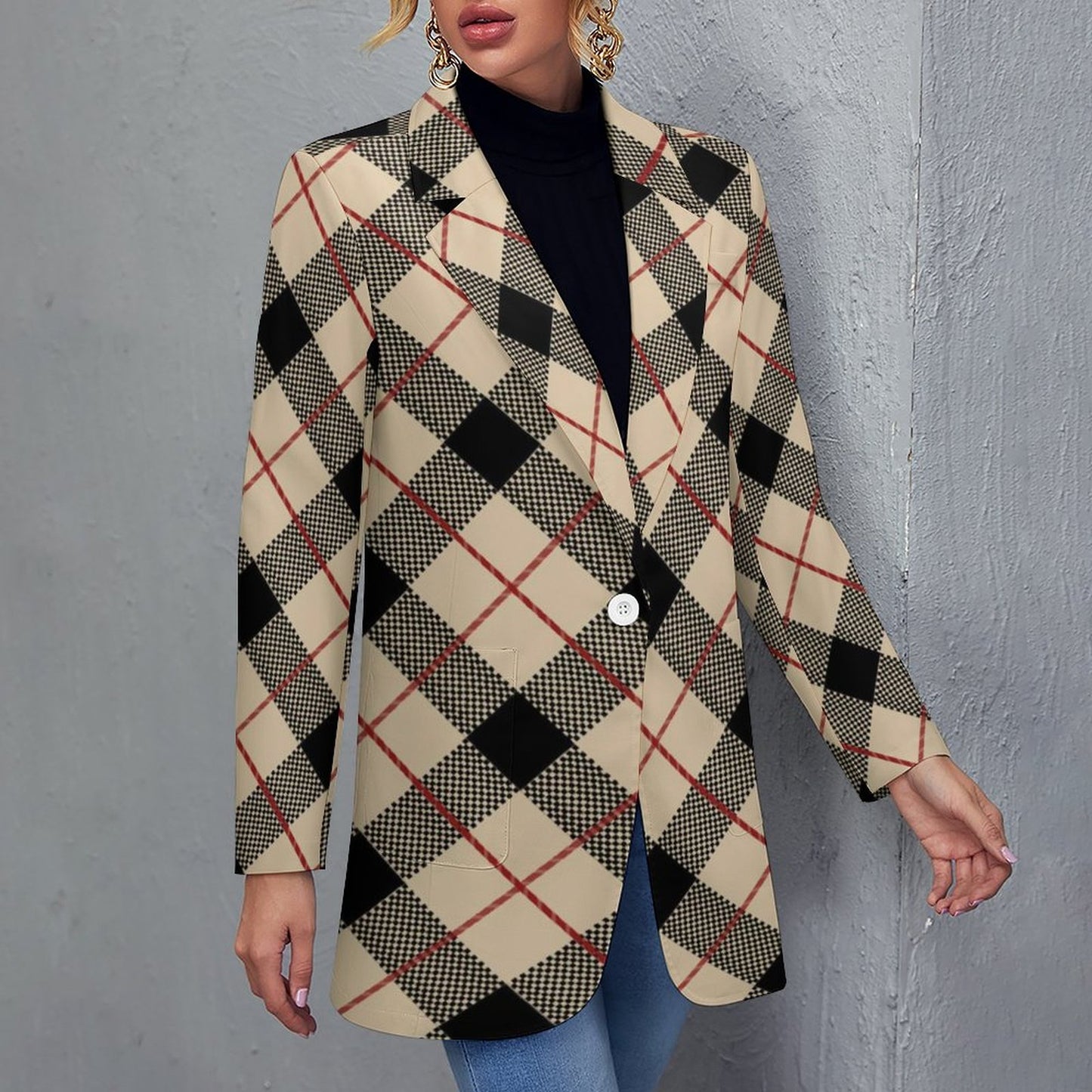 Women's Madison Ave Casual Formal Fall Season Beige Black Plaid  Blazer