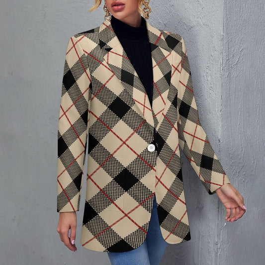 Women's Madison Ave Casual Formal Fall Season Beige Black Plaid  Blazer