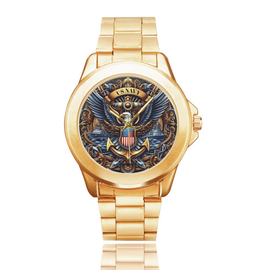 All Stainless Steel U.S. Navy Anniversary Dial Gold Monogram Gift Watch Custom Gilt Watch(Model 101) Come With Name Or Name And Rank On Dial...