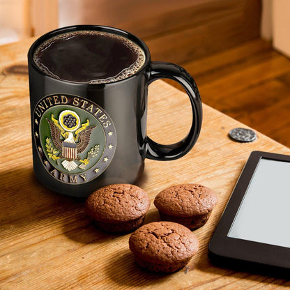 United States Army 3D Seal On Black Ceramic Coffee Mug Which Comes With Your Initials or Rank And Name At No Additional Charge...