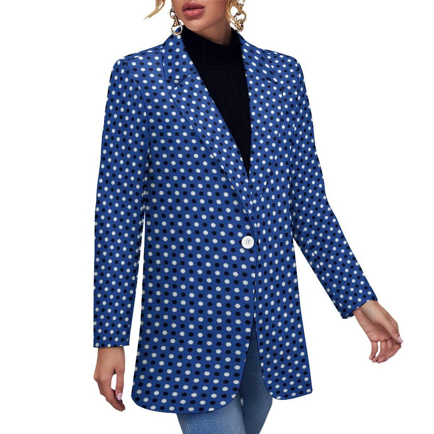 Women's Madison Ave Dark Blue White Polka Dot Print Blazer Jacket For Formal and Fun Summer Events...