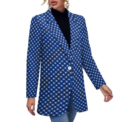 Women's Madison Ave Dark Blue White Polka Dot Print Blazer Jacket For Formal and Fun Summer Events...