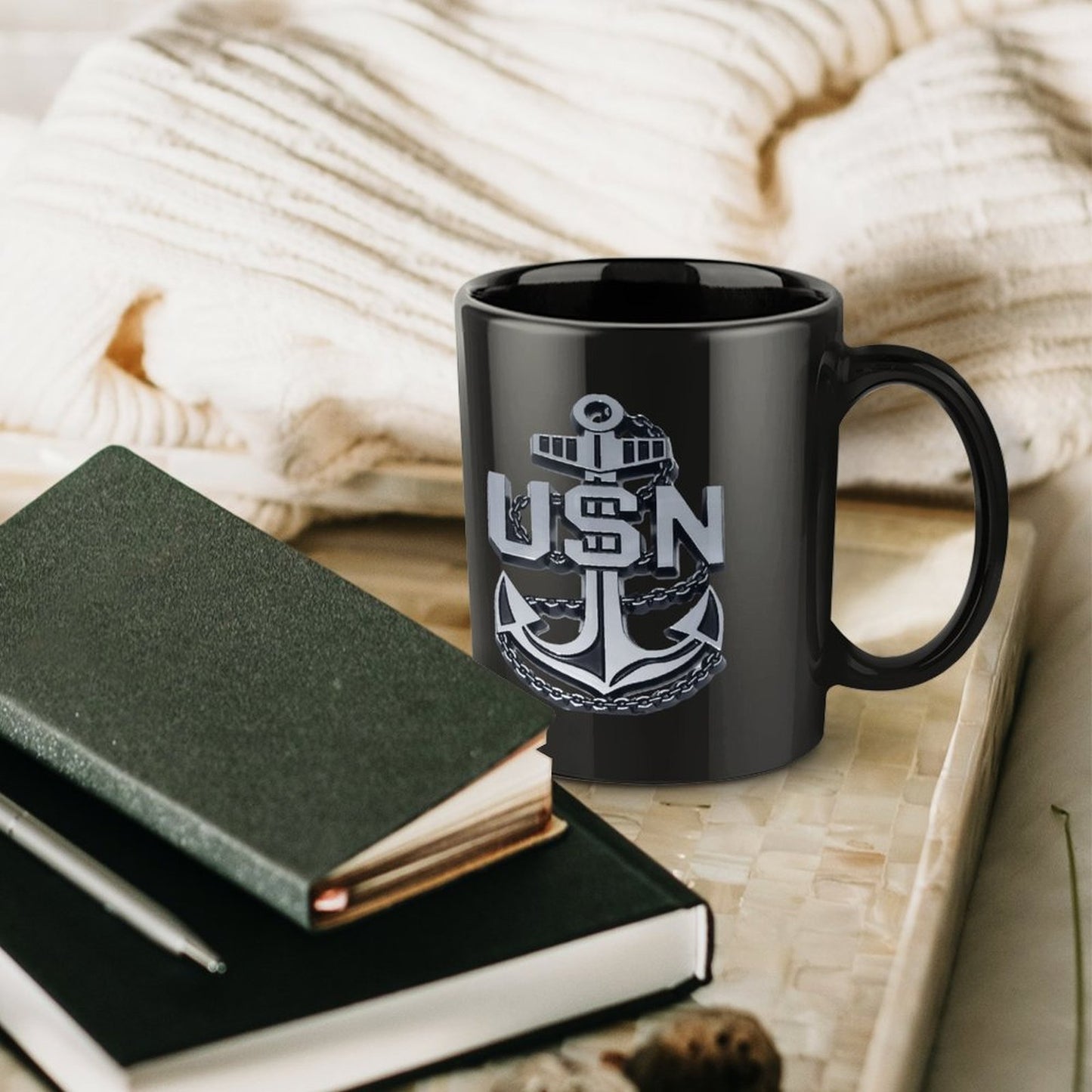 United State Navy Anchor Emblem On Black Ceramic Coffee Mug (Comes With Your Initials Or Rank And Name Free Of Charge On Mug!)