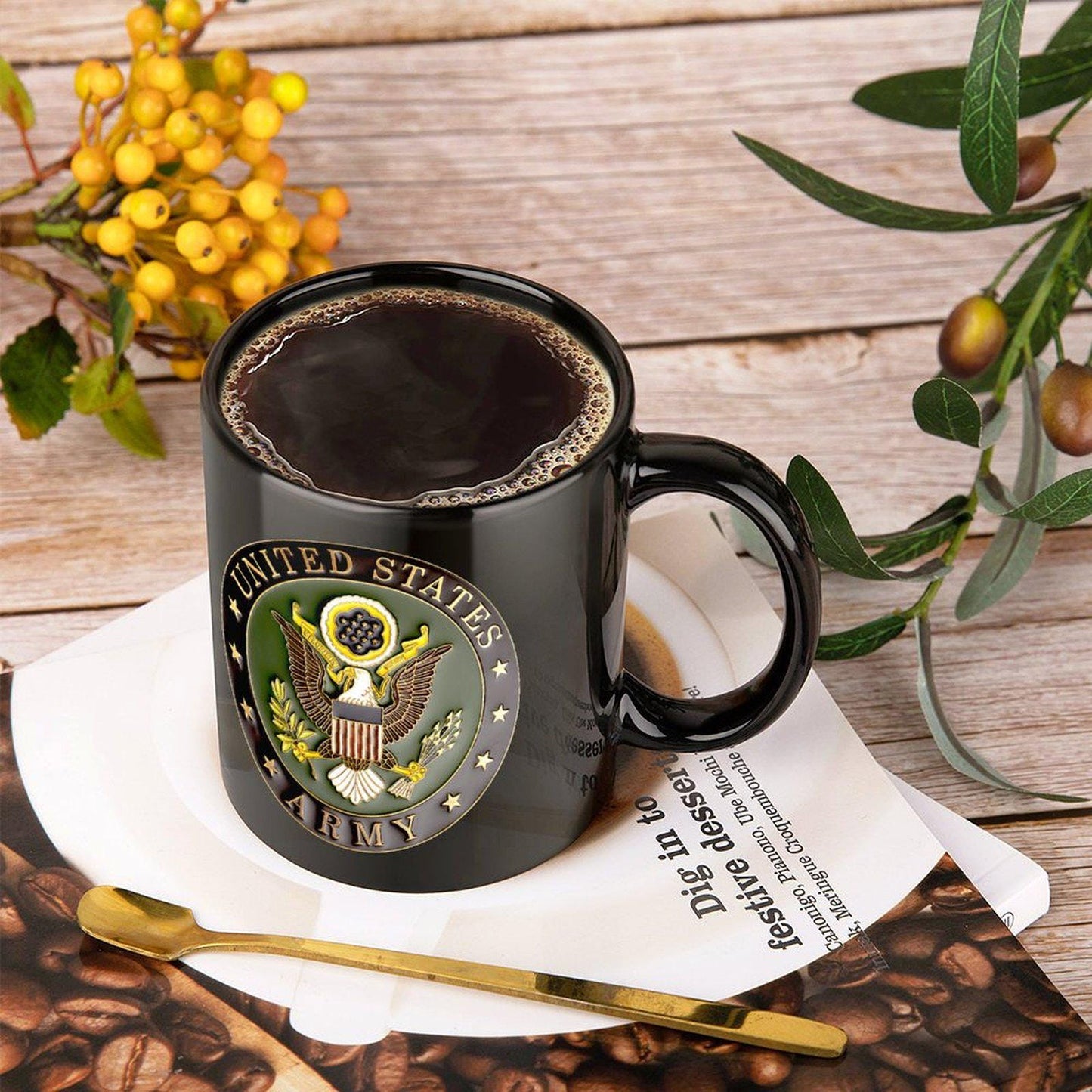 United States Army 3D Seal On Black Ceramic Coffee Mug Which Comes With Your Initials or Rank And Name At No Additional Charge...