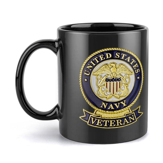 United States Navy Veteran Black Coffee Mug With Blue & Gold Colored Insignia