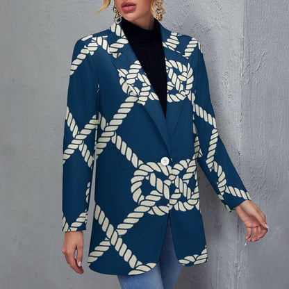 Women's Blue With White Nautical Rope Print Design Casual Formal Lightweight Blazer All Over Print Women's Blazer