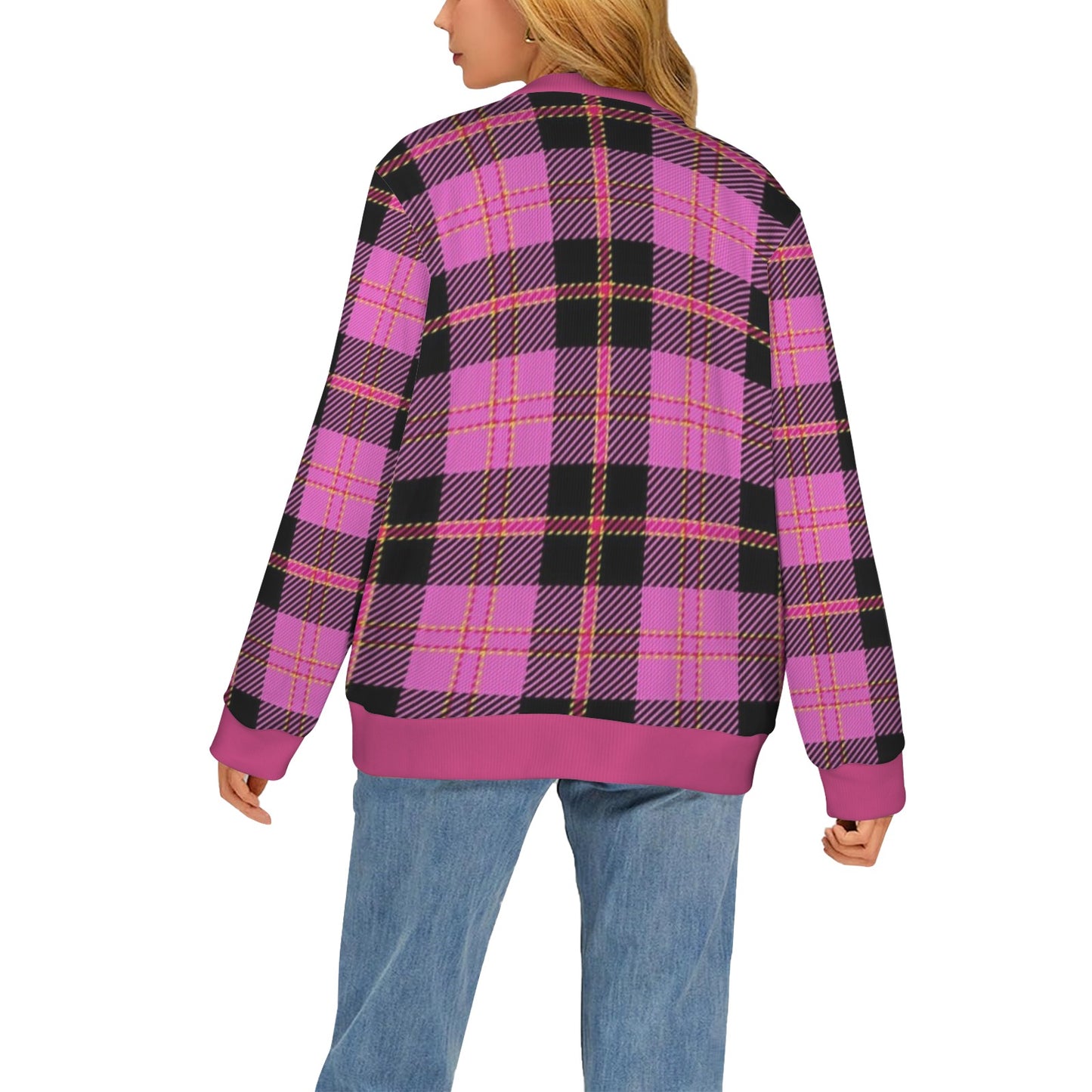 Women's Cardigan Burb Design Fuchsia Black Plaid Fall Season Women's Ribbed Cardigan (Model H73)