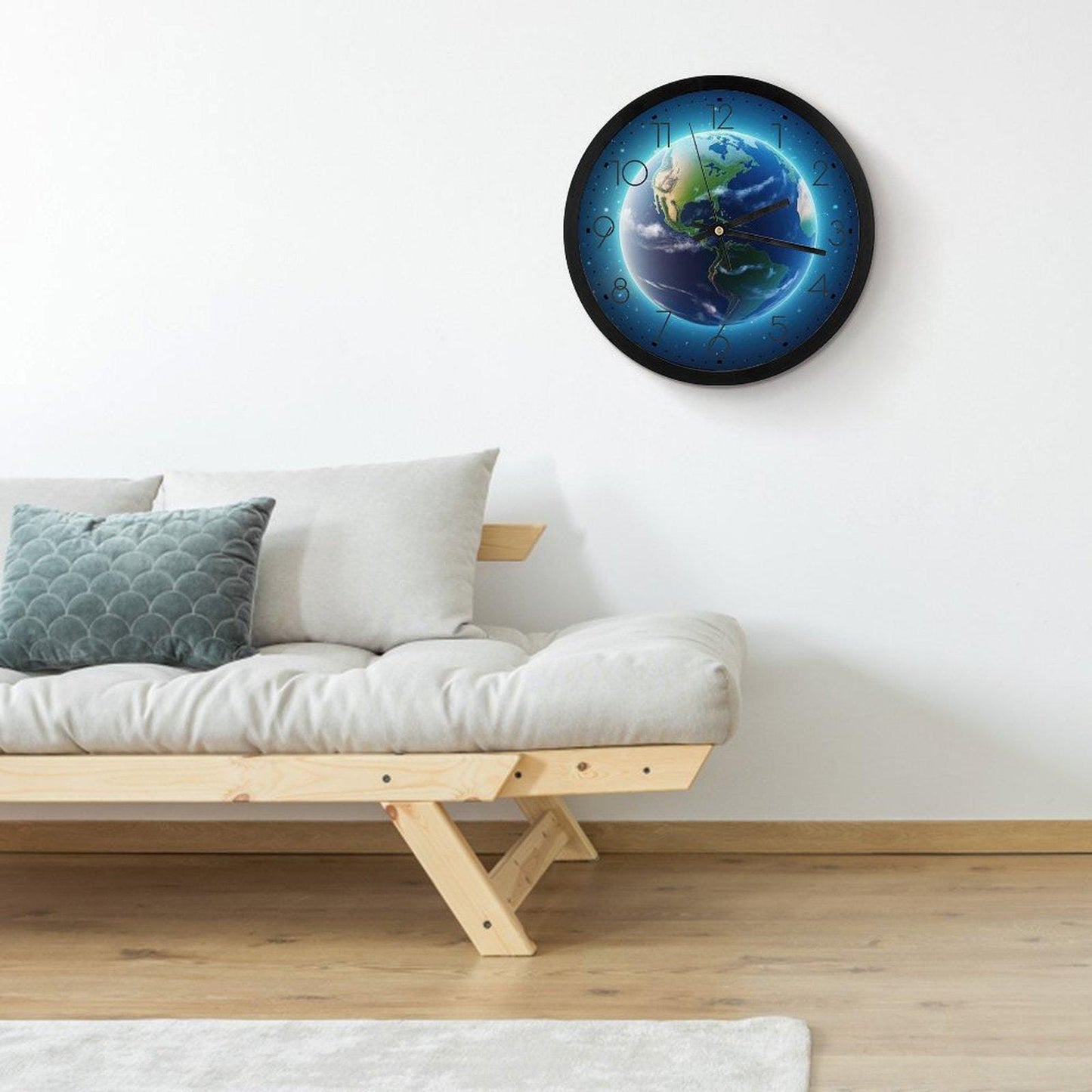 Planet Earth With Sun Reflecting Outer Round Ridge Wall Clock (10 Inch Round In Diameter)