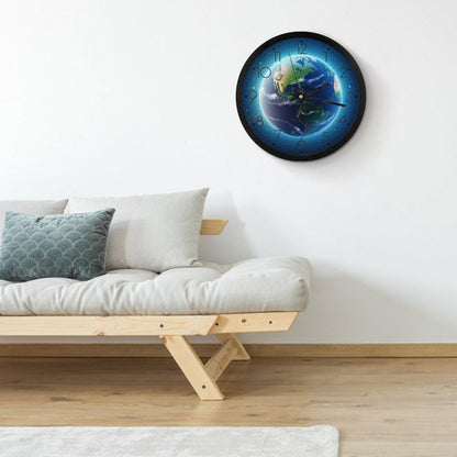 Planet Earth With Sun Reflecting Outer Round Ridge Wall Clock (10 Inch Round In Diameter)