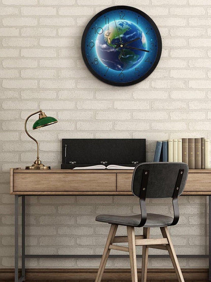 Planet Earth With Sun Reflecting Outer Round Ridge Wall Clock (10 Inch Round In Diameter)