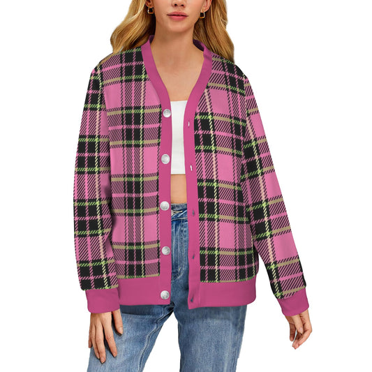 Women's Cardigan Burb Design Fuchsia Green Black Plaid Fall Season Women's Ribbed Cardigan (Model H73)