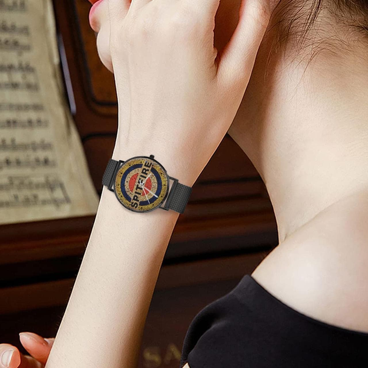 Men's Women's Spitfire Weathered Black, Blue, & Red Dial Waterproof Monogram Black Stainless Steel Dress Aviator Watch Come With Name Or Name And Rank On Dial...