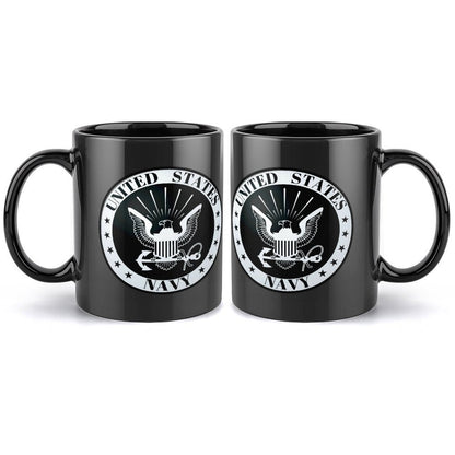 United States Navy White Emblem On Black Ceramic Coffee Mug (Comes With Your Initials Or Rank And Name Free Of Charge On Mug!)