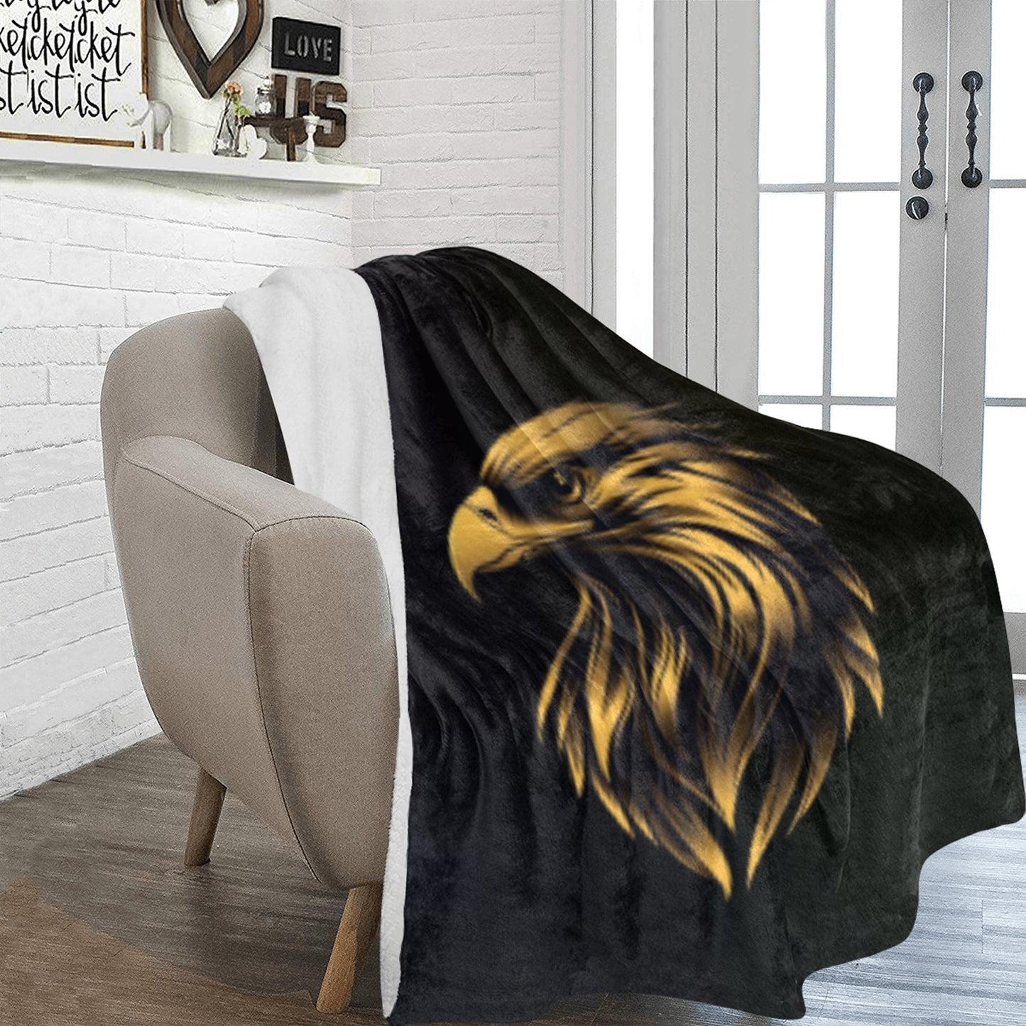 Large Black Microfiber Micro Fleece Flannel 70X80 Inch Soft Warm Monogram Eagle Black Blanket...
