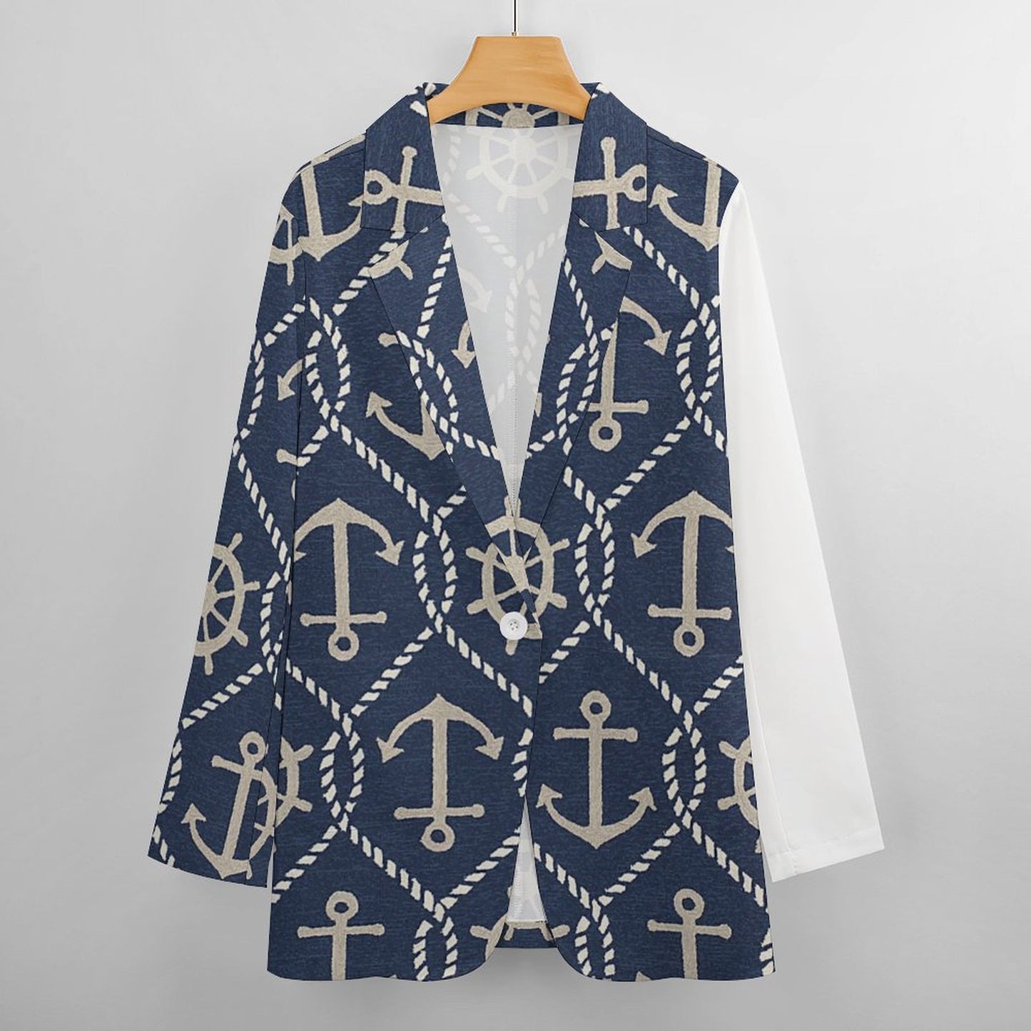 Women's Blue W Nautical Brown Anchor & Rope Print Casual Formal Lightweight Blazer Design All Over Print Women's Blazer