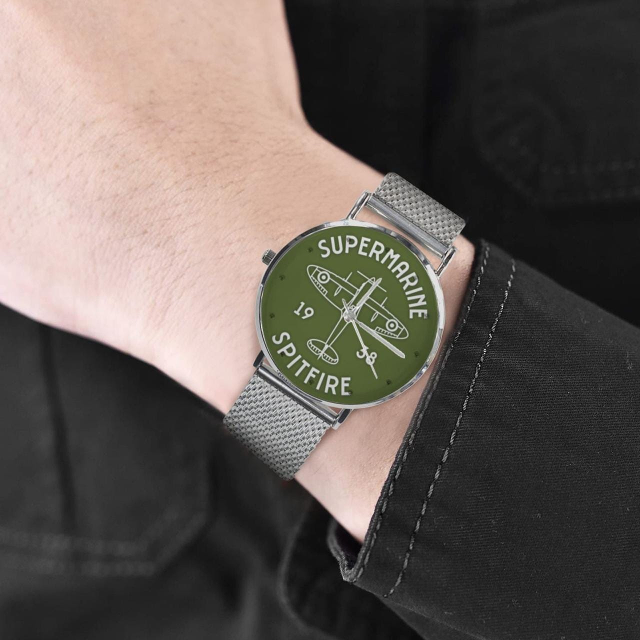 Men's Women's Vickers SuperMarine Green Spitfire Old Fashioned Dial Waterproof Monogram Stainless Steel Dress Aviator Watch Come With Name Or Name And Rank On Dial...
