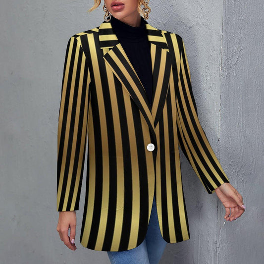 Women's Madison Ave Gold Black Pinstripe Sophisticated Formal Summer Blazer Jacket