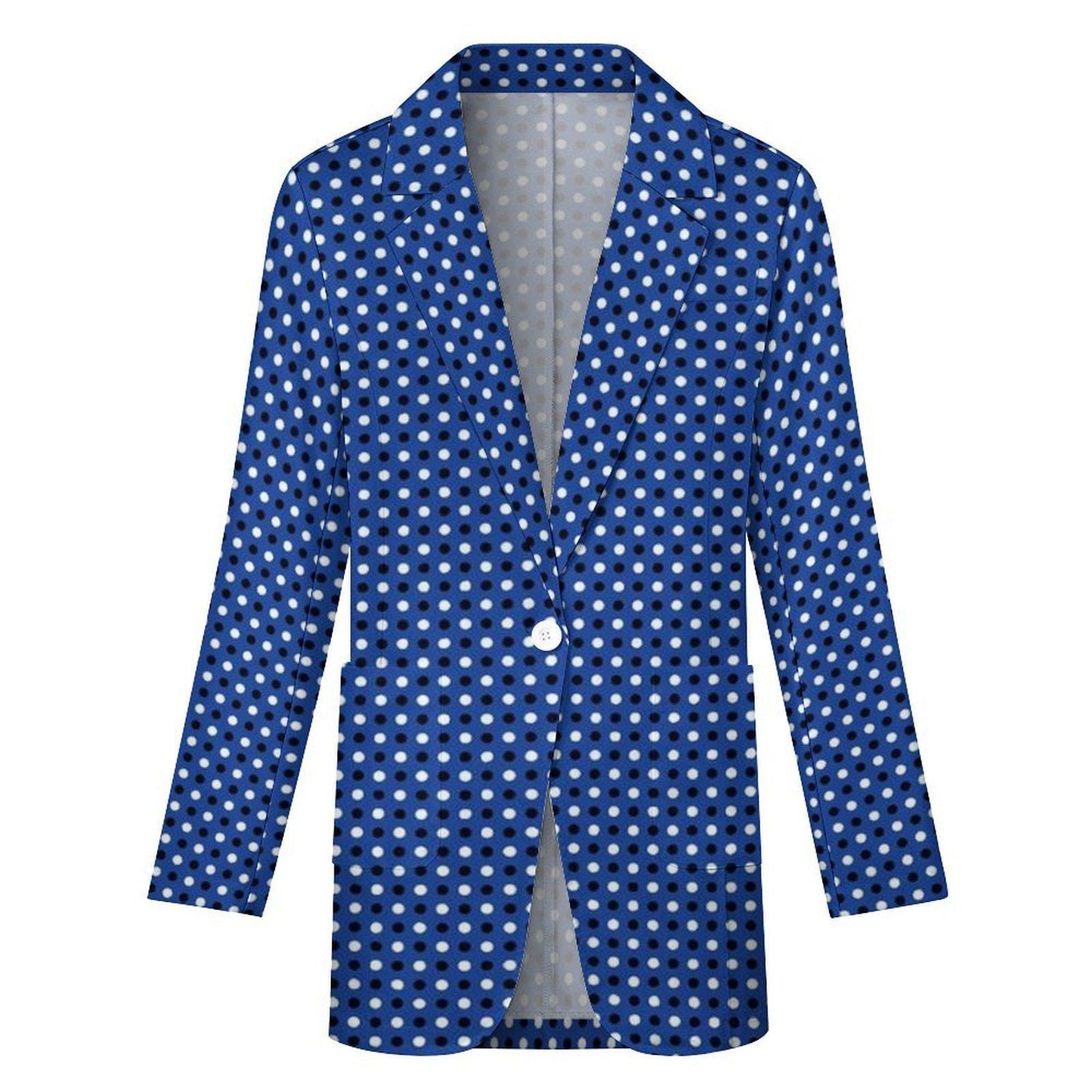 Women's Madison Ave Dark Blue White Polka Dot Print Blazer Jacket For Formal and Fun Summer Events...