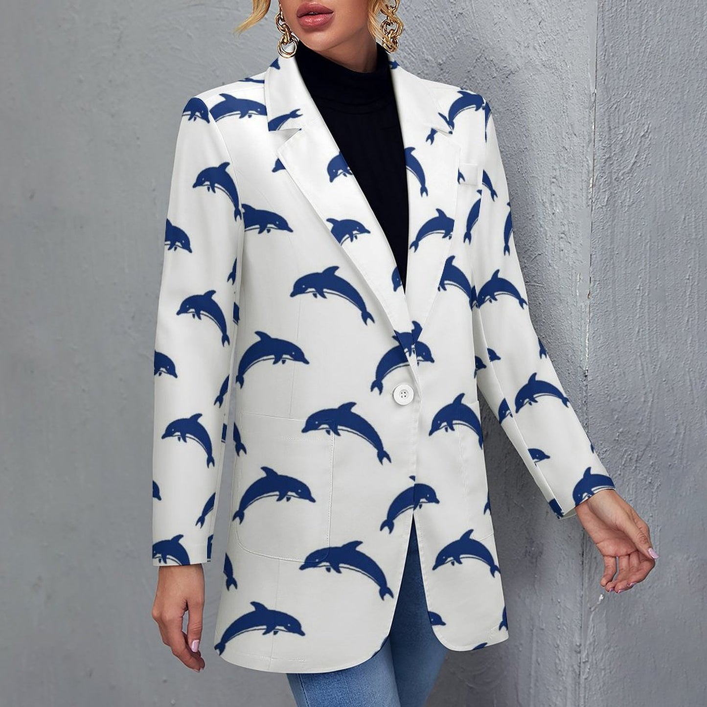 Women's White W Blue Dolphins Print Casual Formal Lightweight Blazer Design All Over Print Women's Blazer