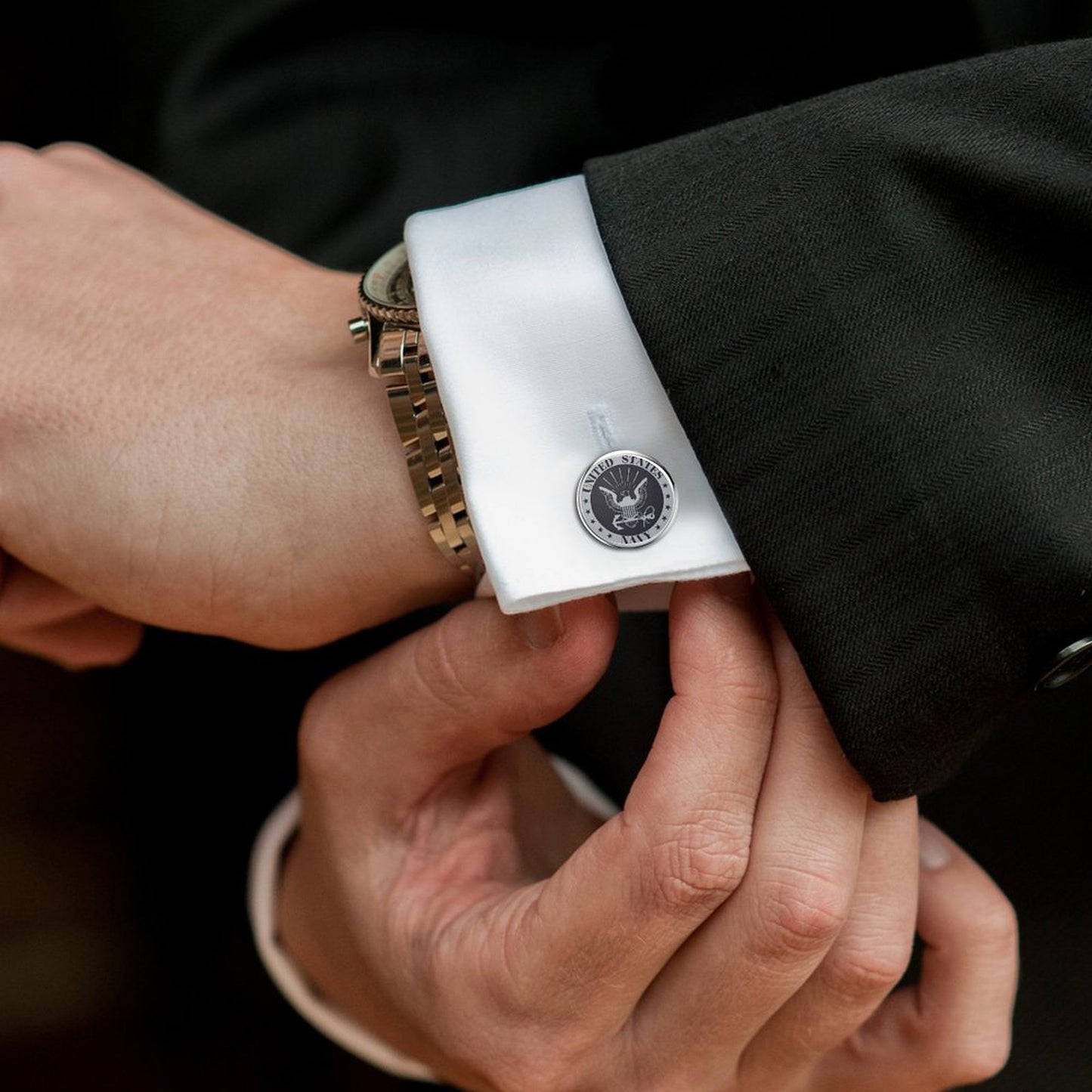 Men's Custom Made Alloy Silver W Black Carbon Fiber Background U.S. Navy Silver Insignia In Black & Silver Come With Your Initials On Them....