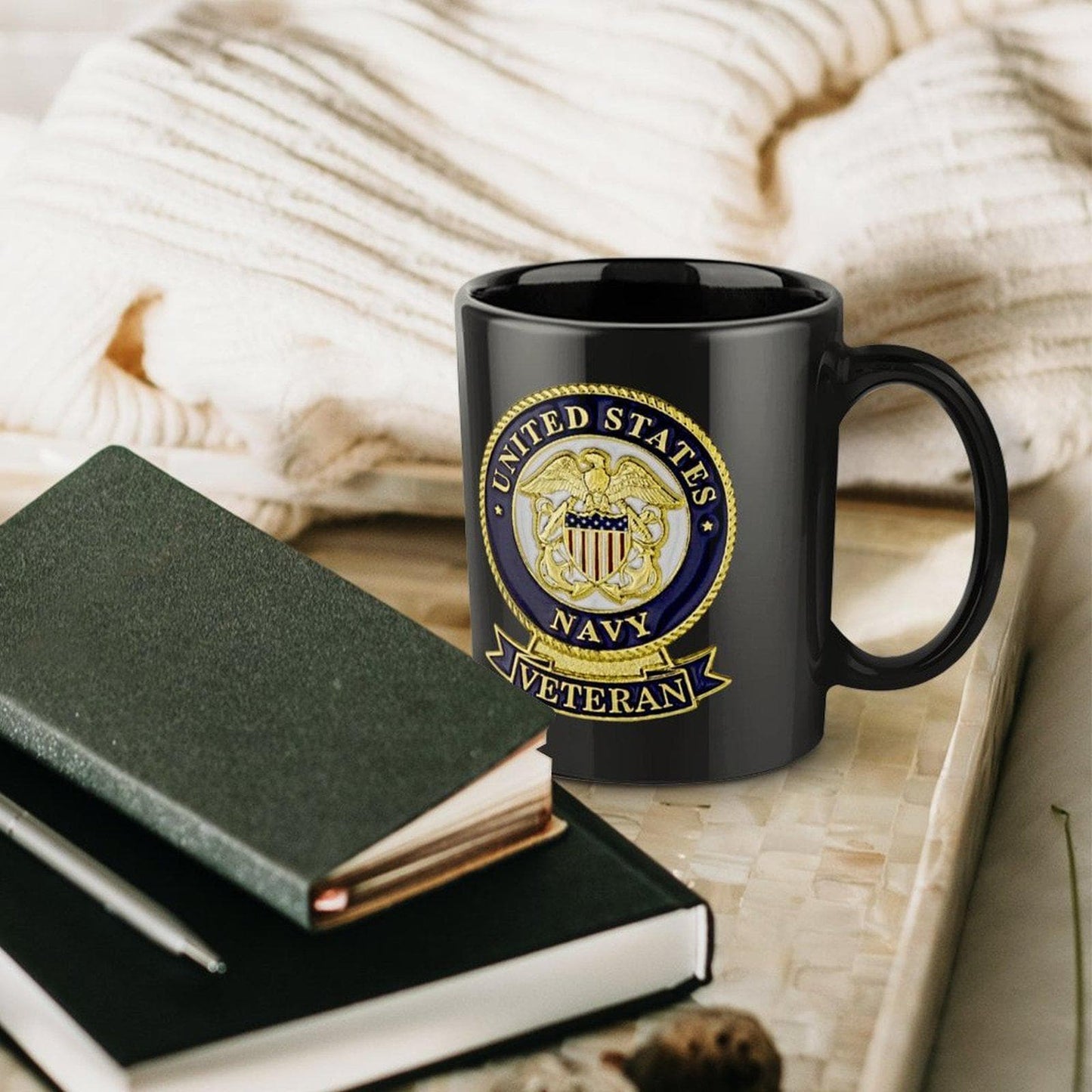United States Navy Veteran Black Coffee Mug With Blue & Gold Colored Insignia