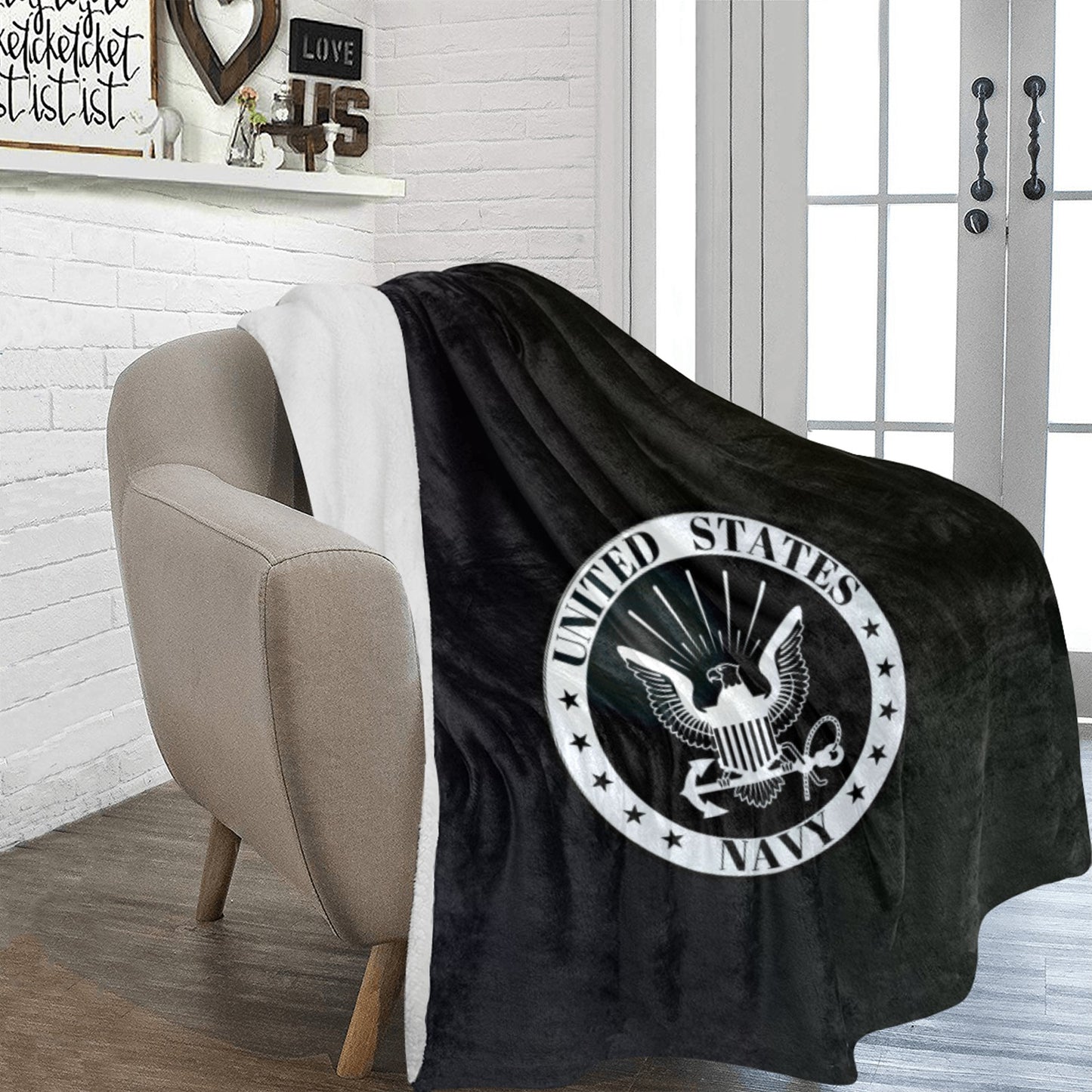 Large Black Microfiber Micro Fleece Flannel 70X80 Inch Soft Warm Monogram U.S. Navy White Insignia Black Blanket...