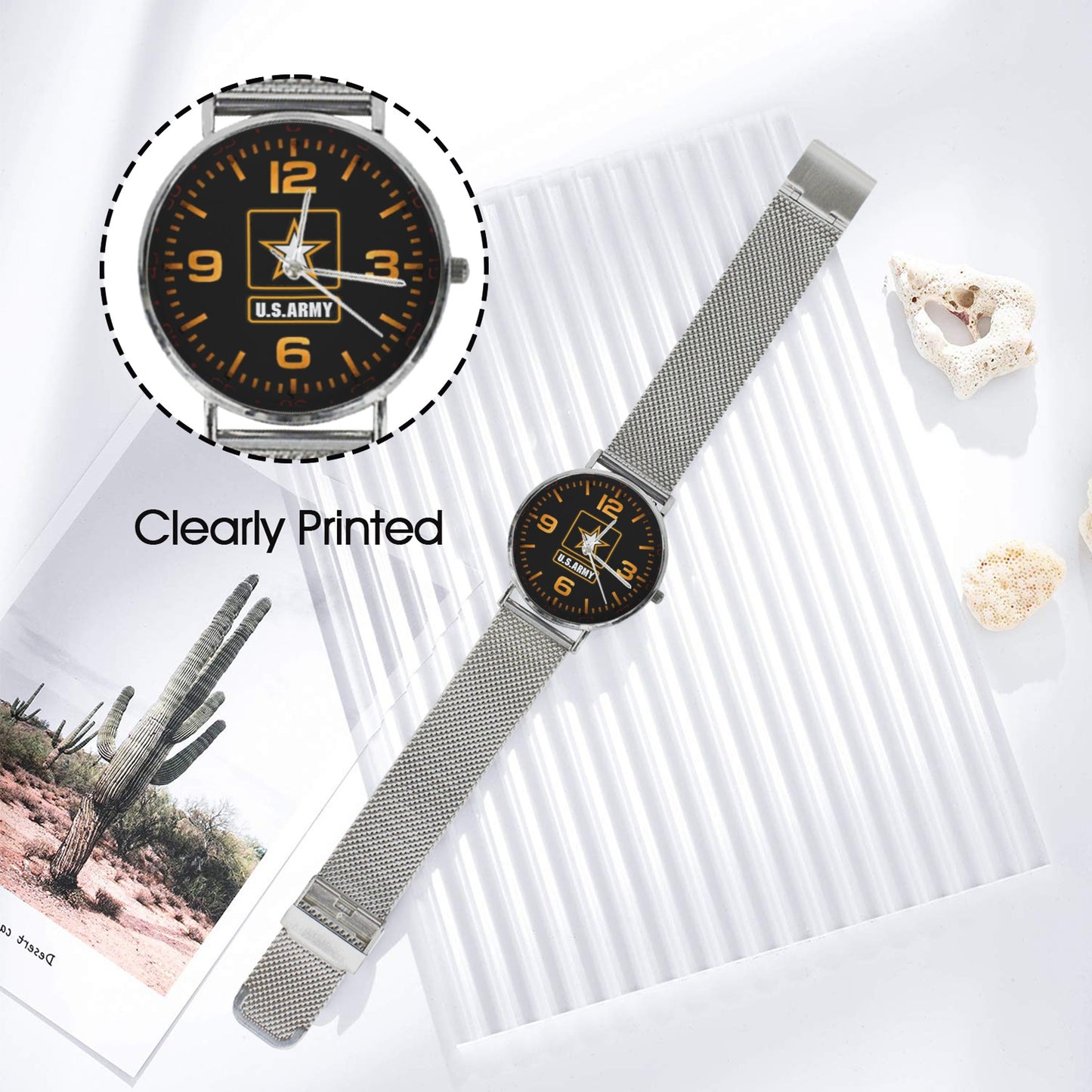 Orange Silver US Army Insignia Miyota Quartz Movement All Black Stainless Steel Monogram Dress Watch Men's Steel Bracelet Watch Without Numbers Come With Name Or Name And Rank On Dial...