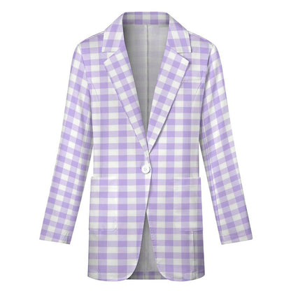 Women's Checkered Light Purple Pink & White Formal Summer Fun Event Blazer Jacket