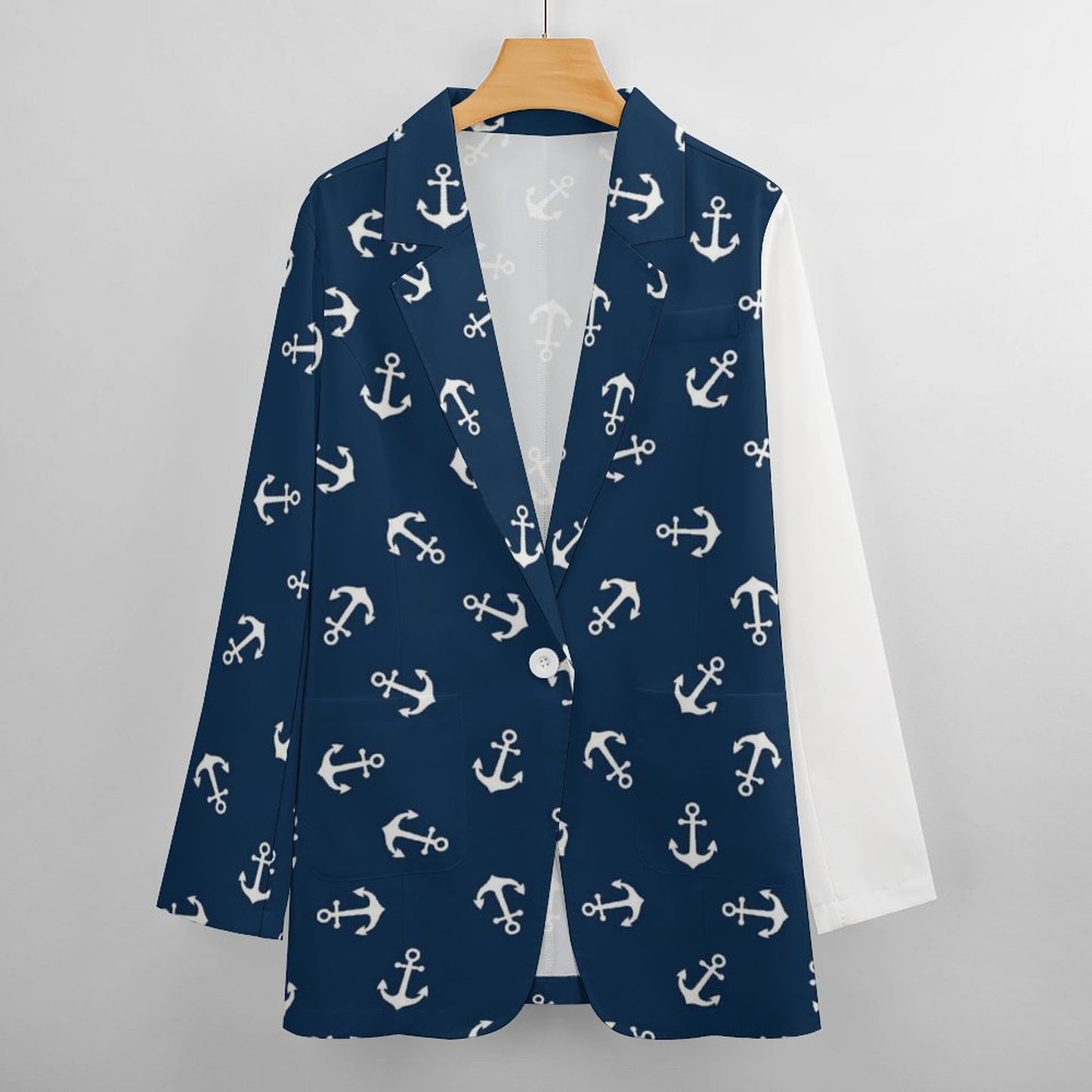 Women's Deep Blue W White Nautical Anchor Print Casual Formal Lightweight Blazer Design All Over Print Women's Blazer