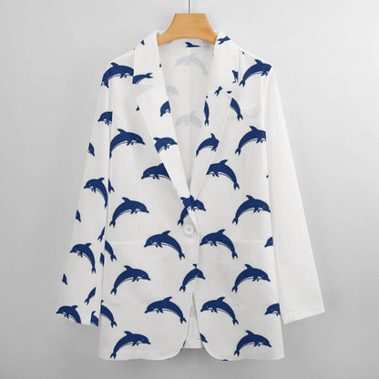 Women's White W Blue Dolphins Print Casual Formal Lightweight Blazer Design All Over Print Women's Blazer