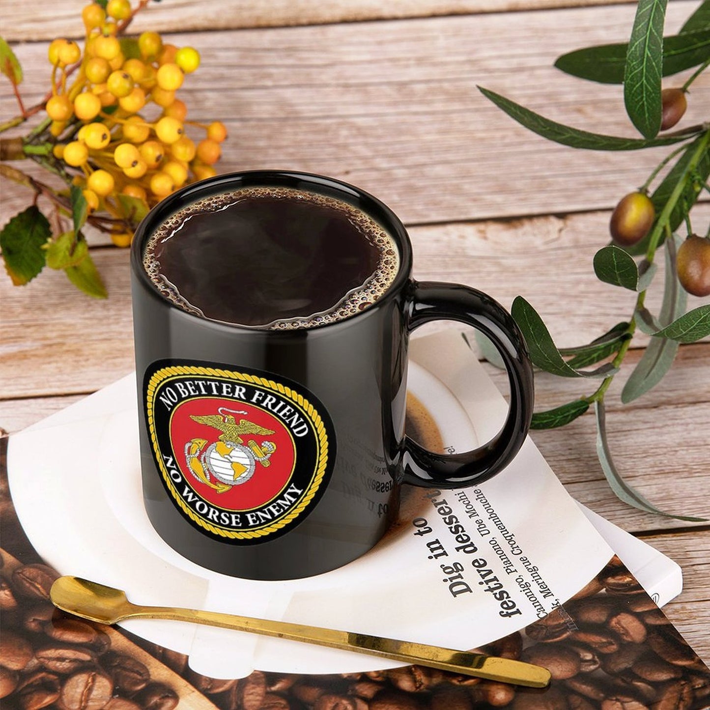 United States Marine Corps Emblem On Black Ceramic Coffee Mug (Comes With Your Initials Or Rank And Name Free Of Charge On Mug!)