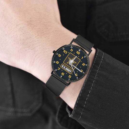 Yellow Black Brown US Army Insignia Dial Black All Stainless Steel Monogram Dress Watch Men's Steel Bracelet Watch Without Numbers Come With Name Or Name And Rank On Dial...