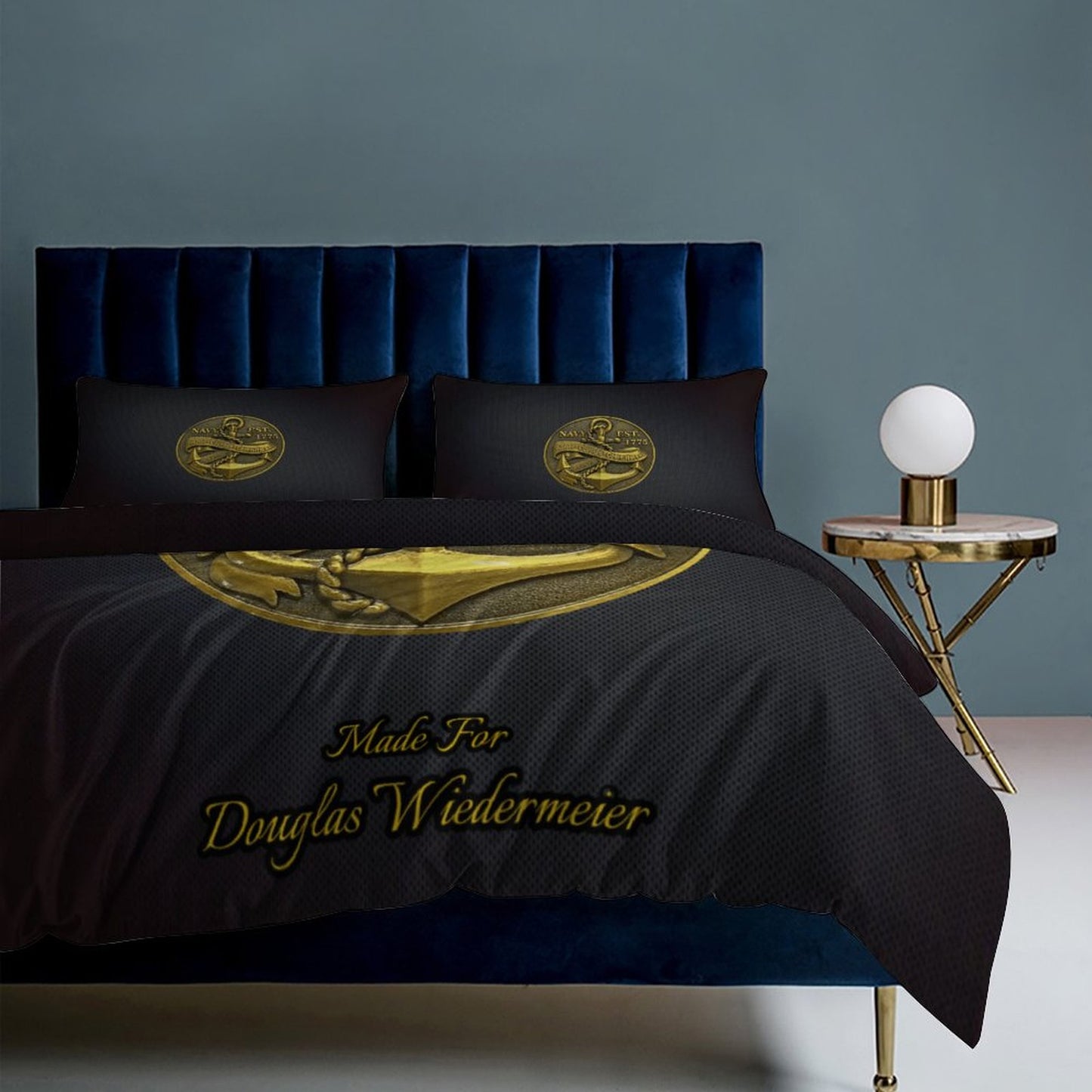 Madison Avenue U.S. Navy Anchor Dark Blue  Black 3-Piece Bedding Set 79"×90" (1 Quilt Cover + 2 Pillowcases) Comes With Name Or Rank Name On Quilt...
