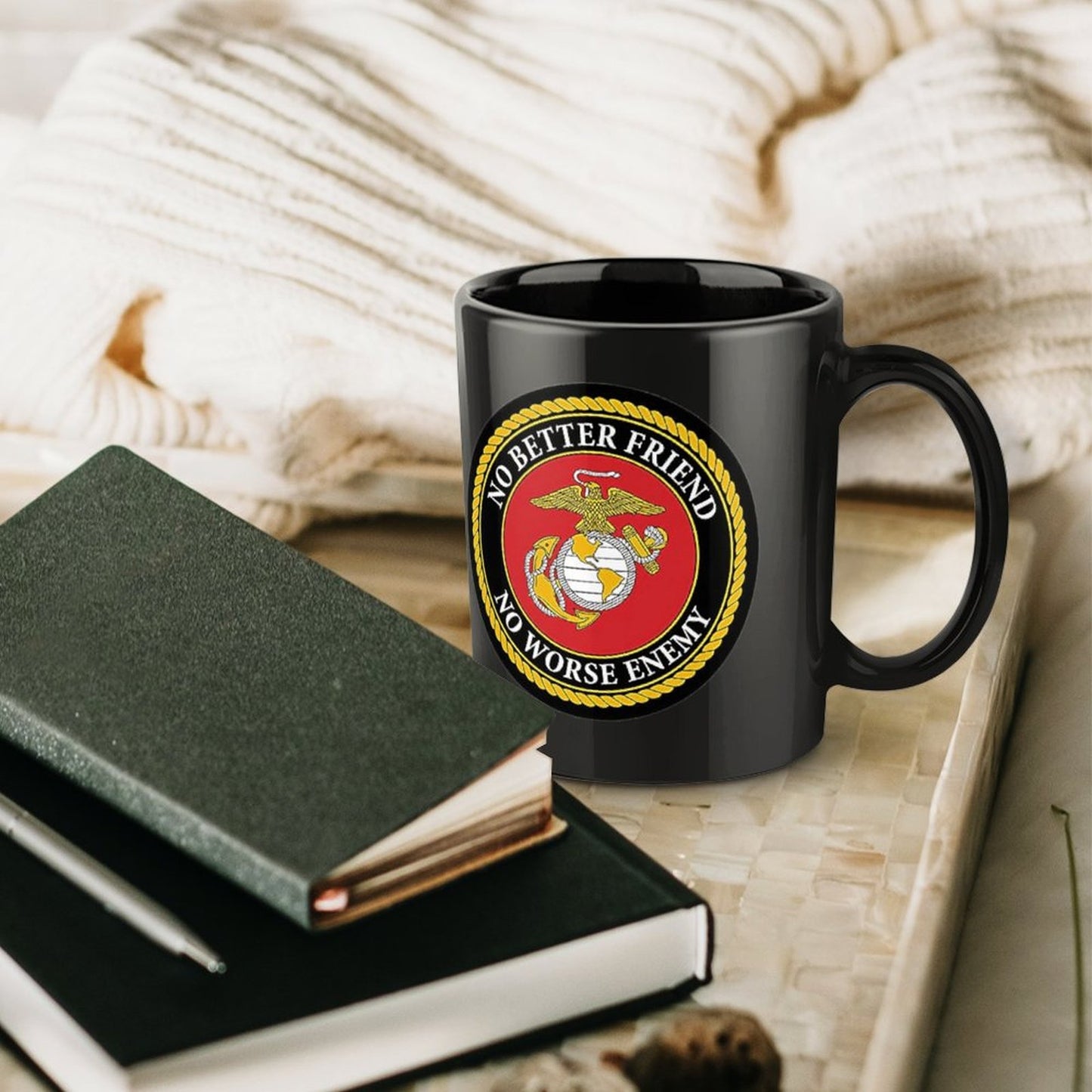 United States Marine Corps Emblem On Black Ceramic Coffee Mug (Comes With Your Initials Or Rank And Name Free Of Charge On Mug!)