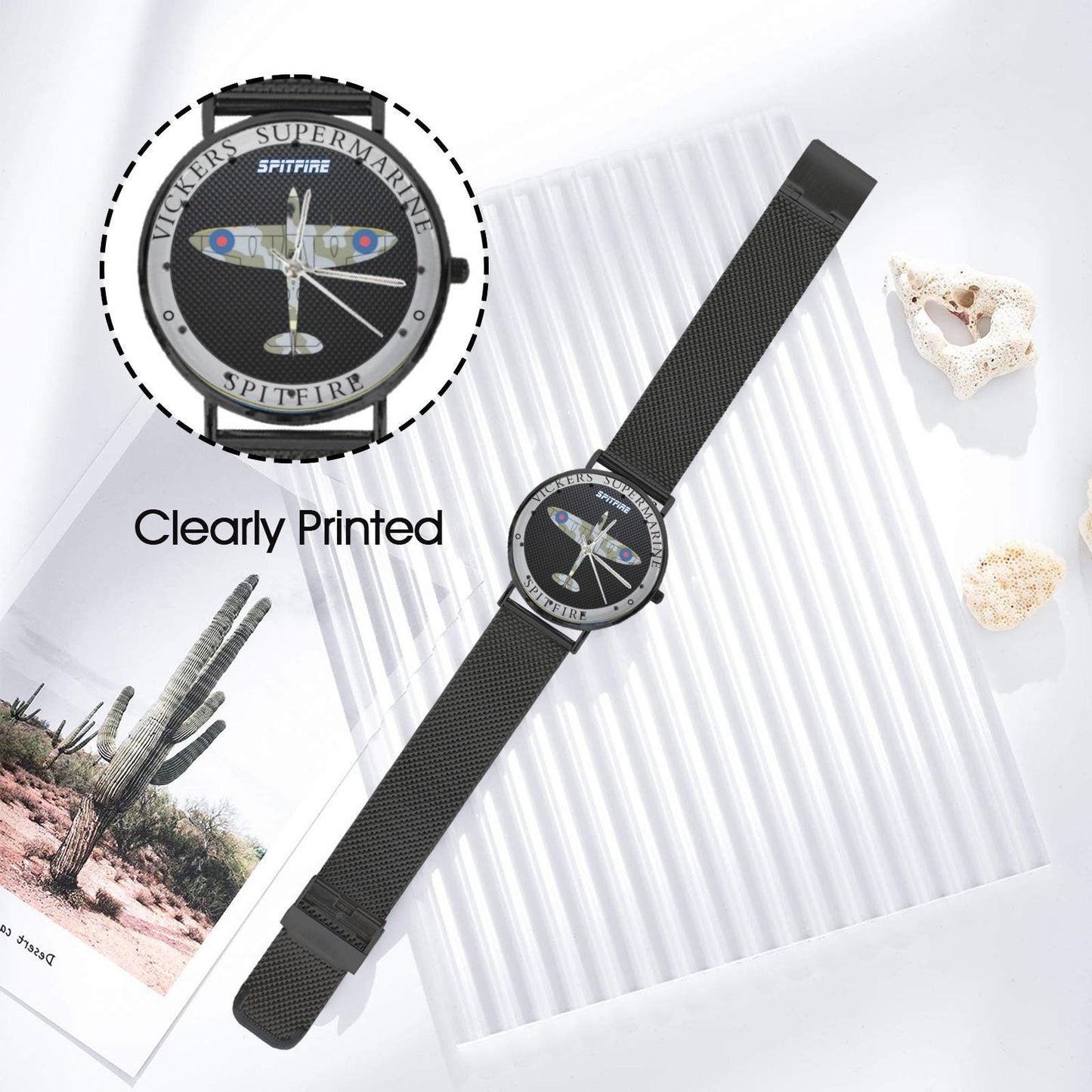 Men's Women's Vickers SuperMarine Spitfire W Black Carbon Fiber Background Waterproof Monogram Black Stainless Steel Dress Aviator Watch Come With Name Or Name And Rank On Dial...