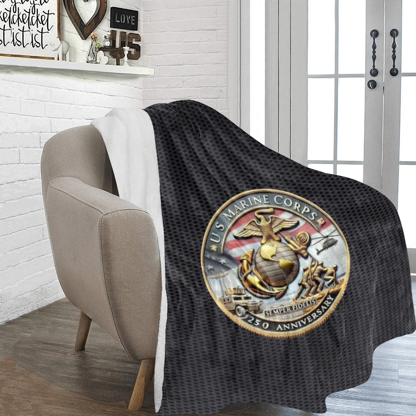 Large Black Microfiber Micro Fleece Flannel 70X80 Inch Soft Warm Monogram U.S. NMarine Corps Silver Bronze Gold Insignia Black Blanket...