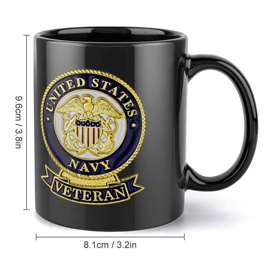 United States Navy Veteran Black Coffee Mug With Blue & Gold Colored Insignia