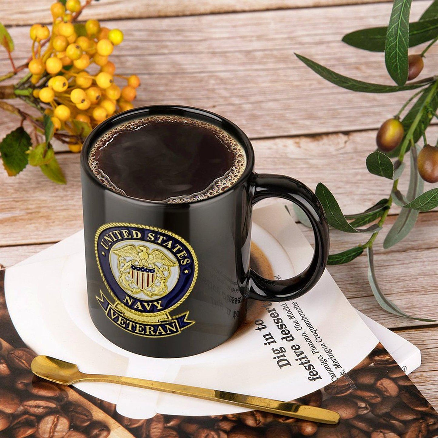 United States Navy Veteran Black Coffee Mug With Blue & Gold Colored Insignia