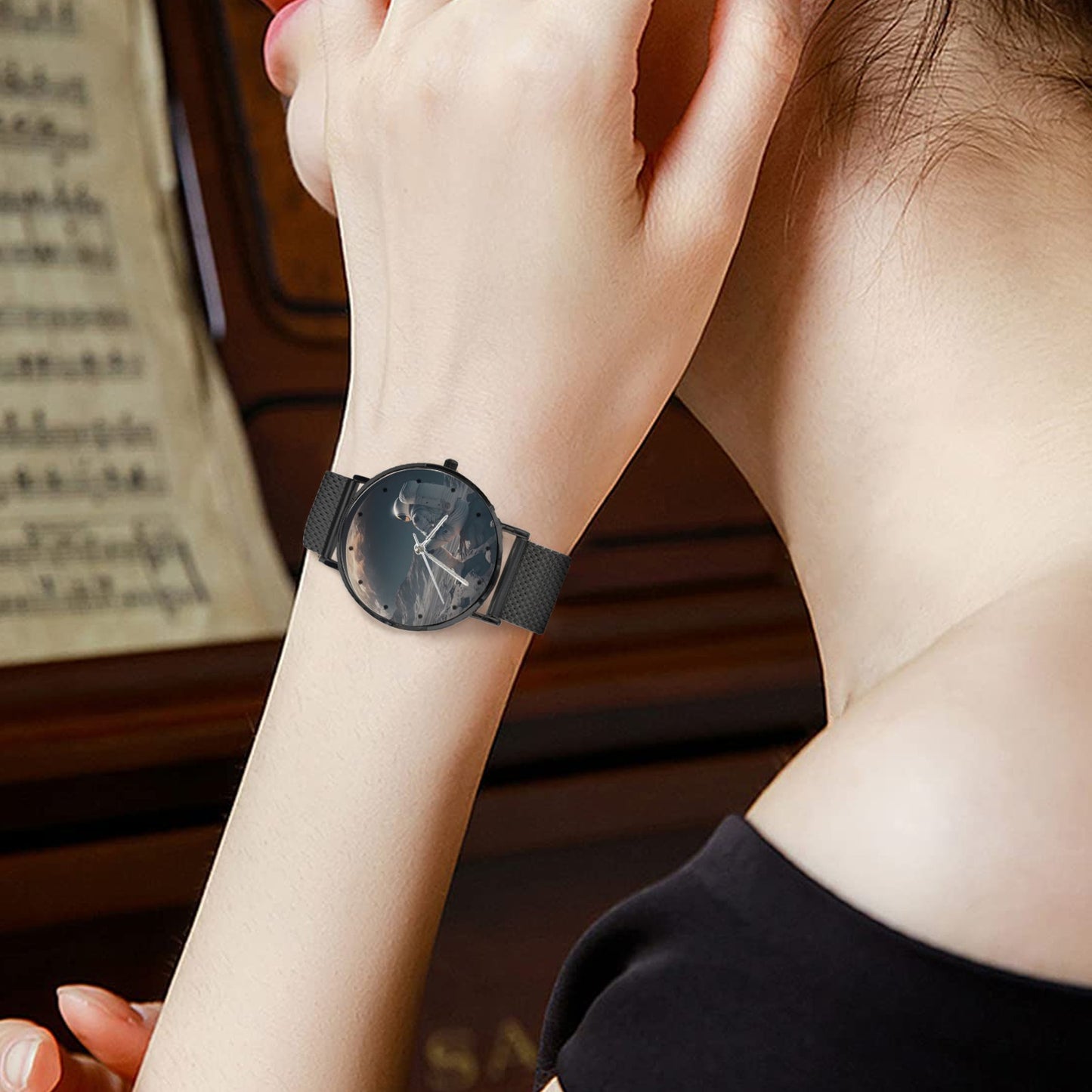 Men's Women's Karman Astronaut On The Moon Dial Waterproof Monogram Black Stainless Steel Dress Watch...