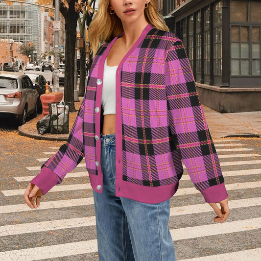 Women's Cardigan Burb Design Fuchsia Black Plaid Fall Season Women's Ribbed Cardigan (Model H73)